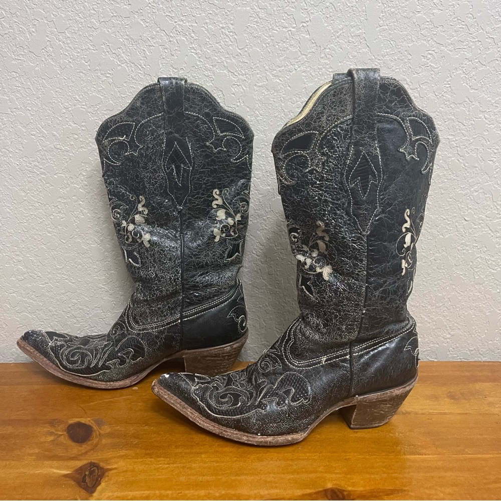 Corral vintage sz 7.5M Distressed Black Lizard Inlay Cowboy Western Boots C2108